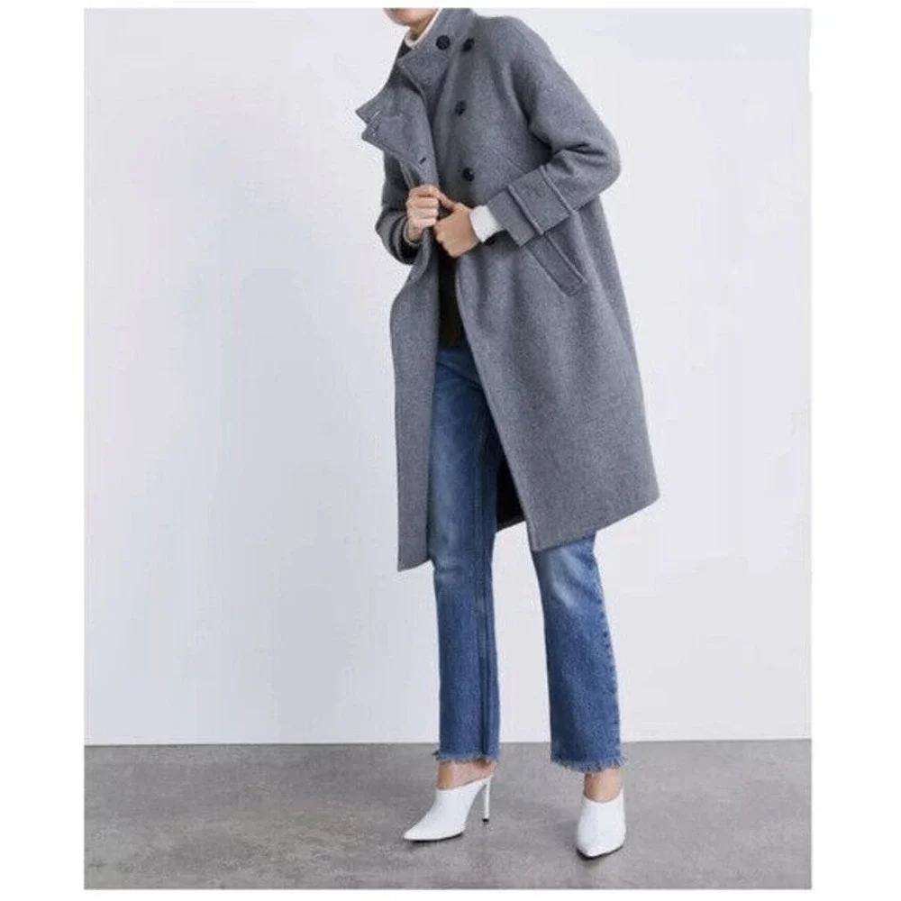 Zara Basic Asymmetric Button Coat Wool Blend Gray Women's Size XL - Picture 7 of 10